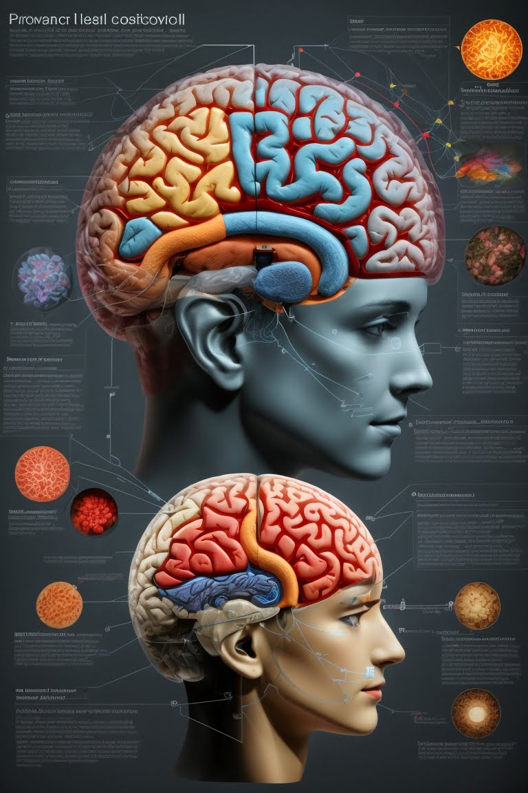 Diagramă detaliată a creierului uman evidențiind regiunile afectate de tulburarea bipolara, inclusiv cortexul prefrontal și structurile subcorticale.